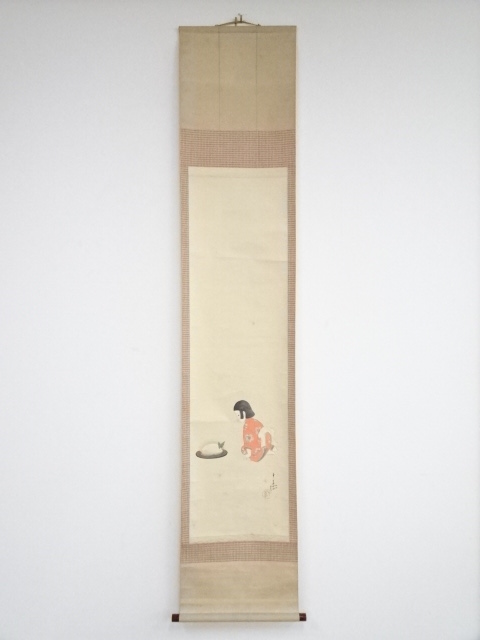 JAPANESE HANGING SCROLL / HAND PAINTED / SNOW RABBIT / BY CHIMAKI OBAYASHI